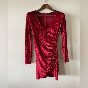 Crushed velvet style ruched bodycon red dress